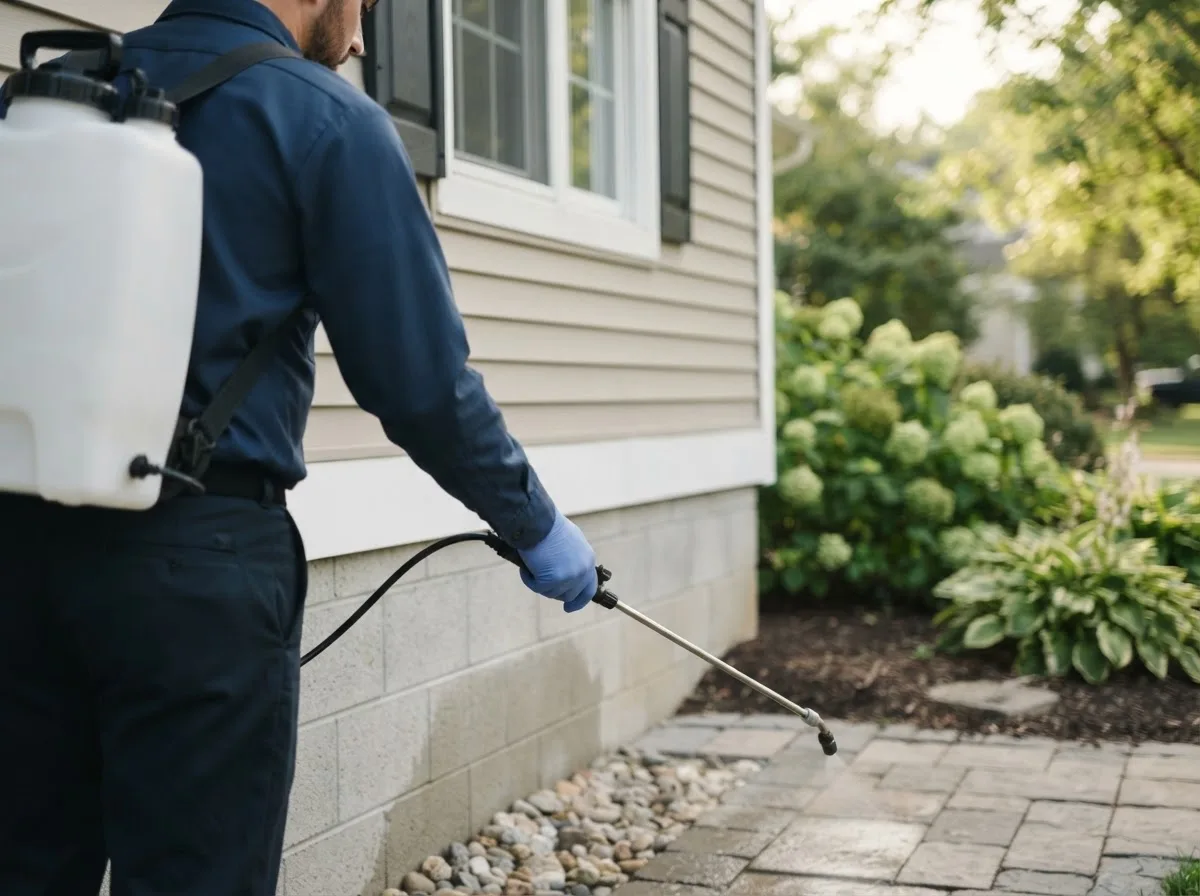 Pest control technician inspecting a home in Buckeye, WV